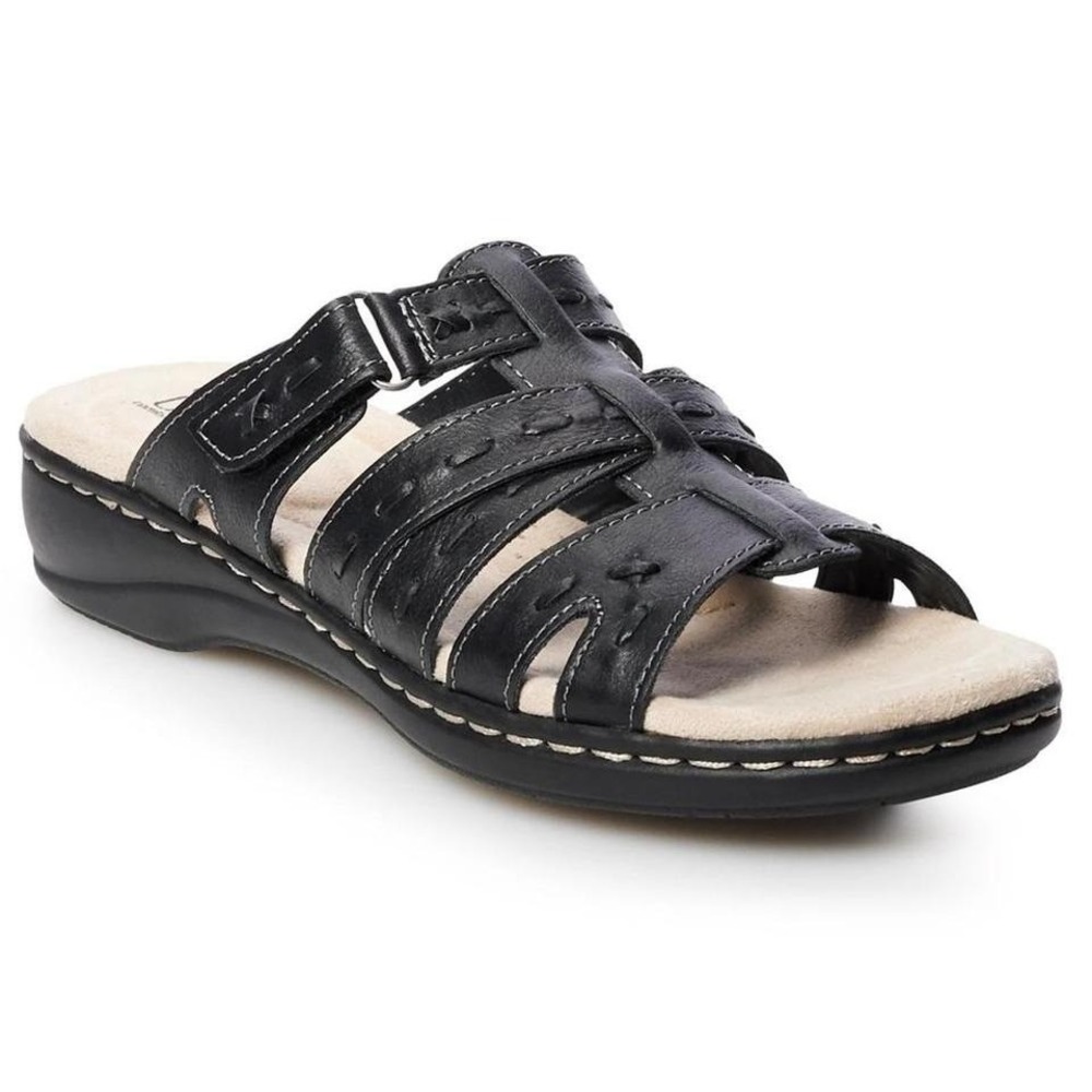 Croft & Barrow | Ortholite Black Leather Strappy Slide Sandals Fugue Sandals, 6